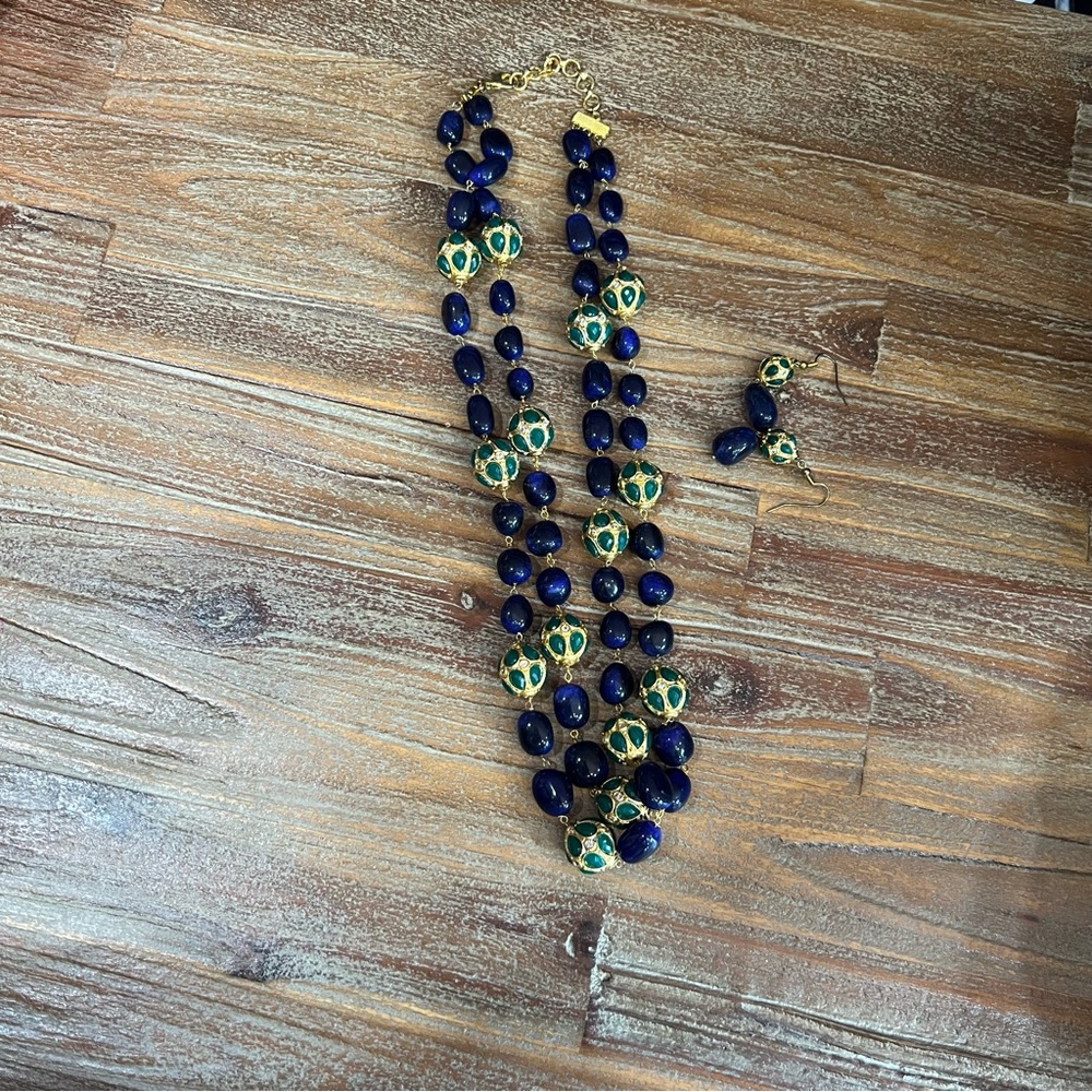 Emerald Green and Sapphire Blue Necklace and Earring Set
